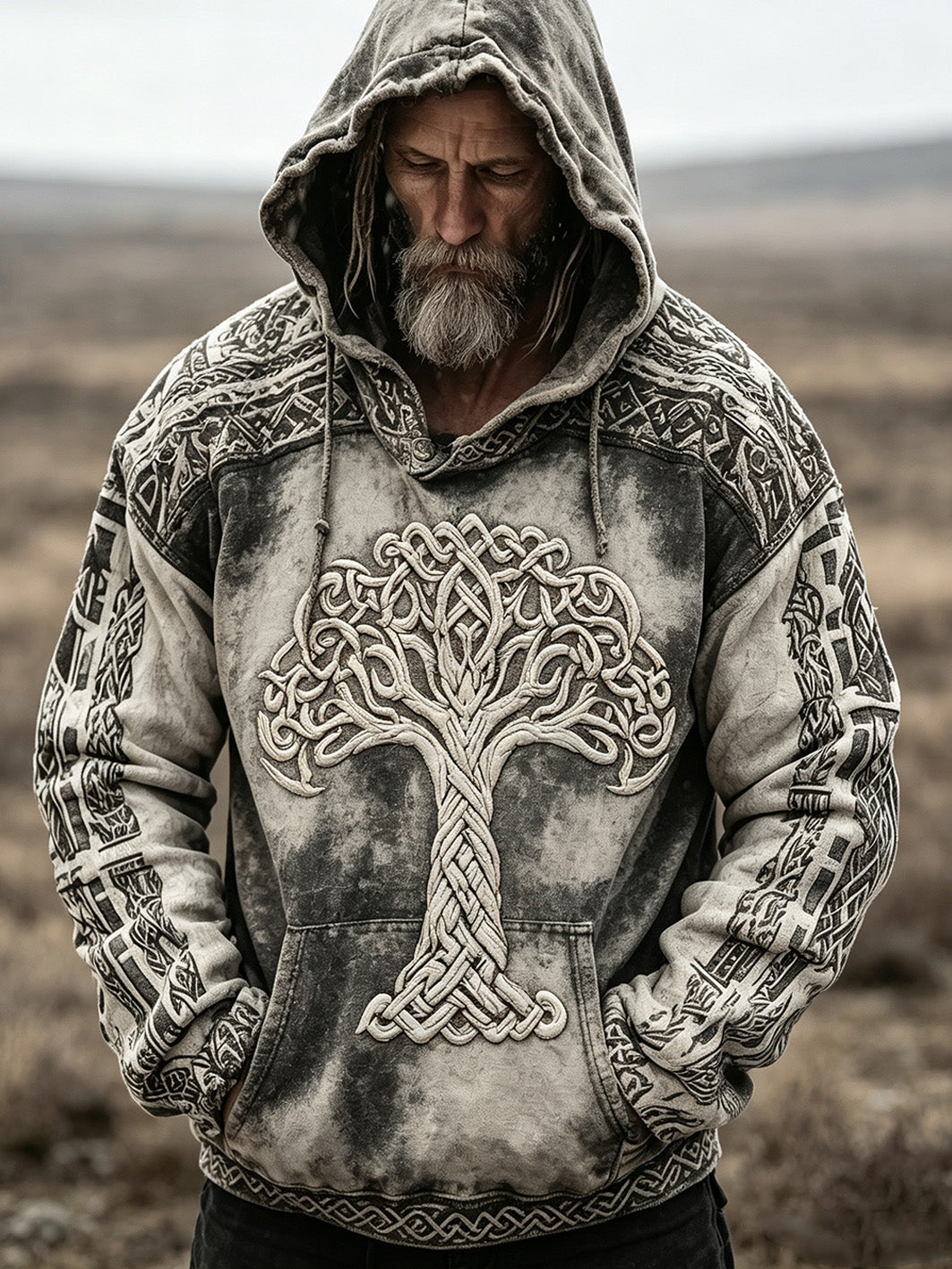Mænds retro Viking Life Træ mønster trykt afslappet hættere