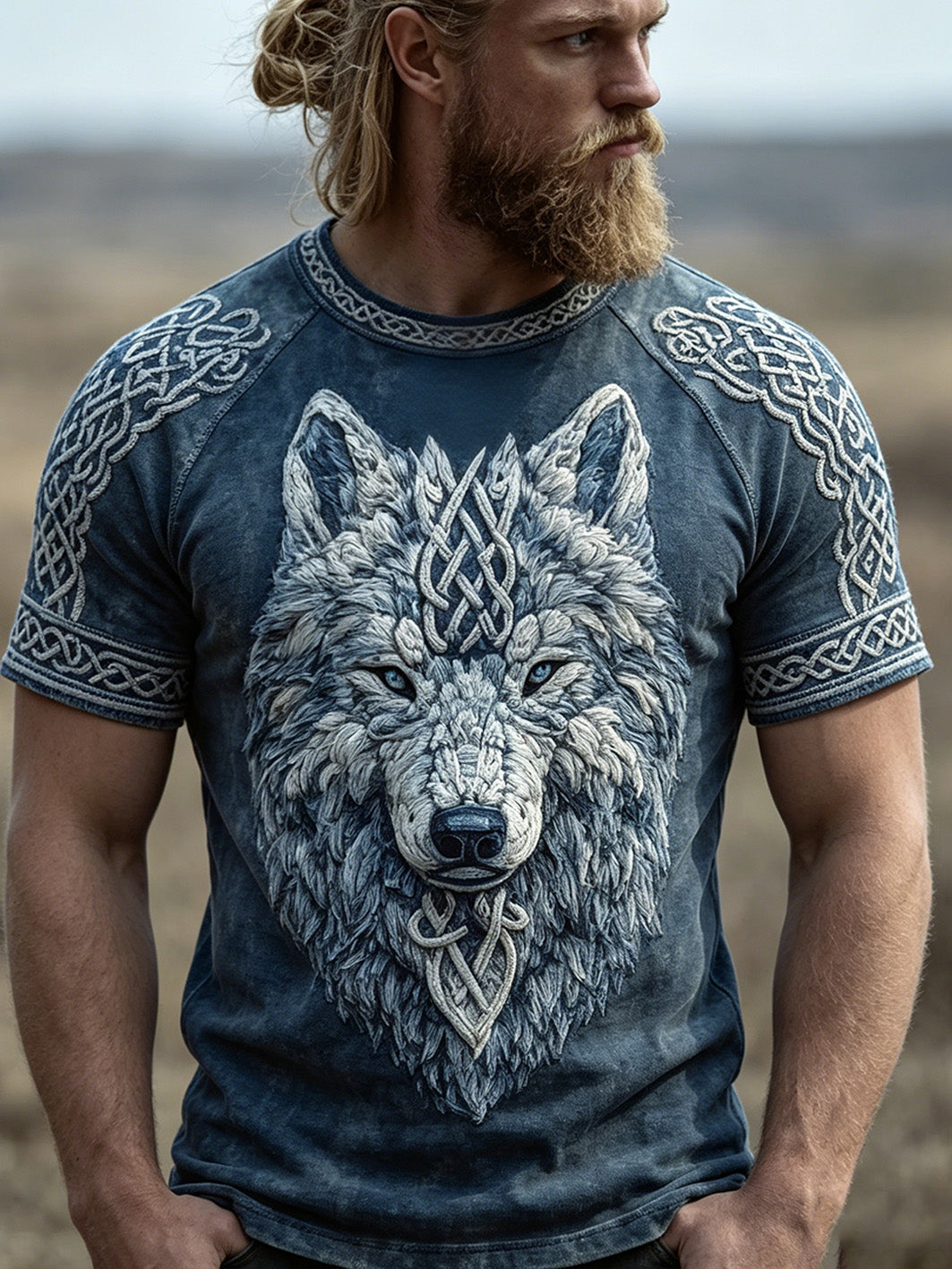 Mænds retro Viking ulv hoved mønster trykt afslappet kort ærmet T-shirt