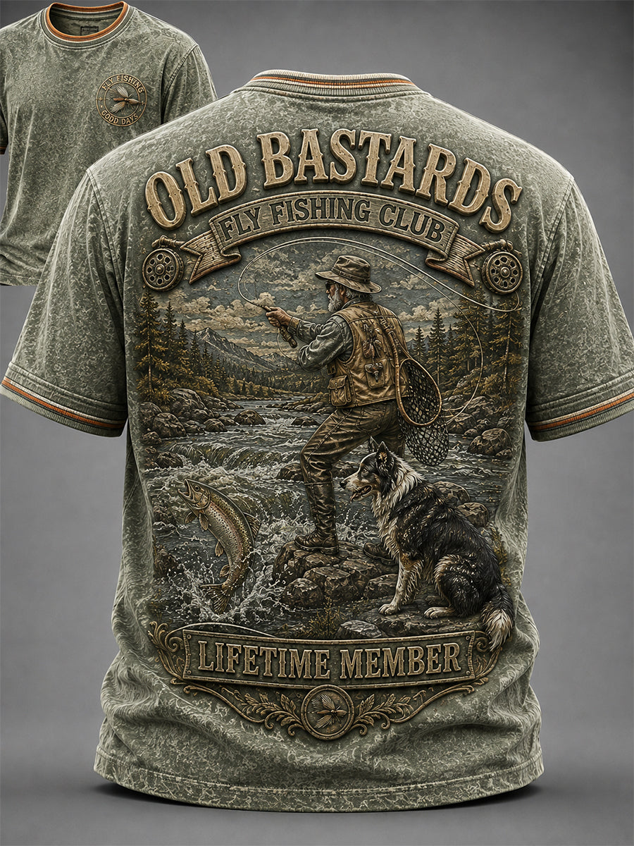 Mænds Sjove Gamle Bøller Fiskeriklub Livstidsmedlem Print T-shirt med korte ærmer