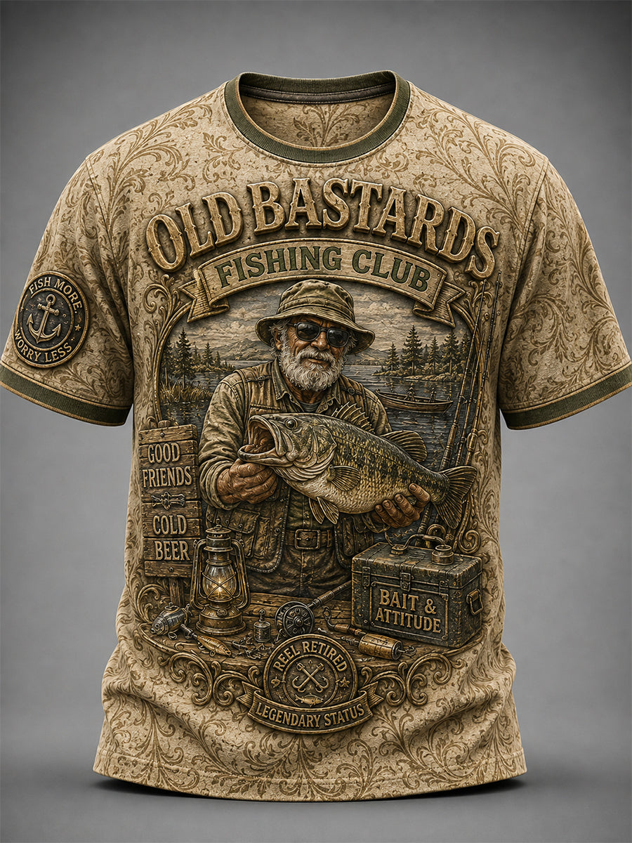 Mænds Sjove Gamle Bøller Fiskeriklub Livstidsmedlem Print T-shirt med korte ærmer