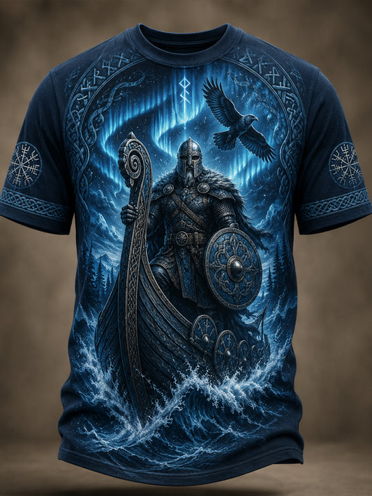 Finlandsk patriotisk kunstprint-T-shirt til mænd med vikingetema