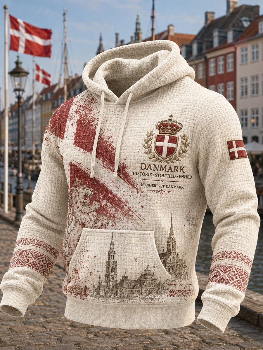 Herre-hættetrøje med patriotisk grafisk print og vaffelstrikket mønster, langærmet