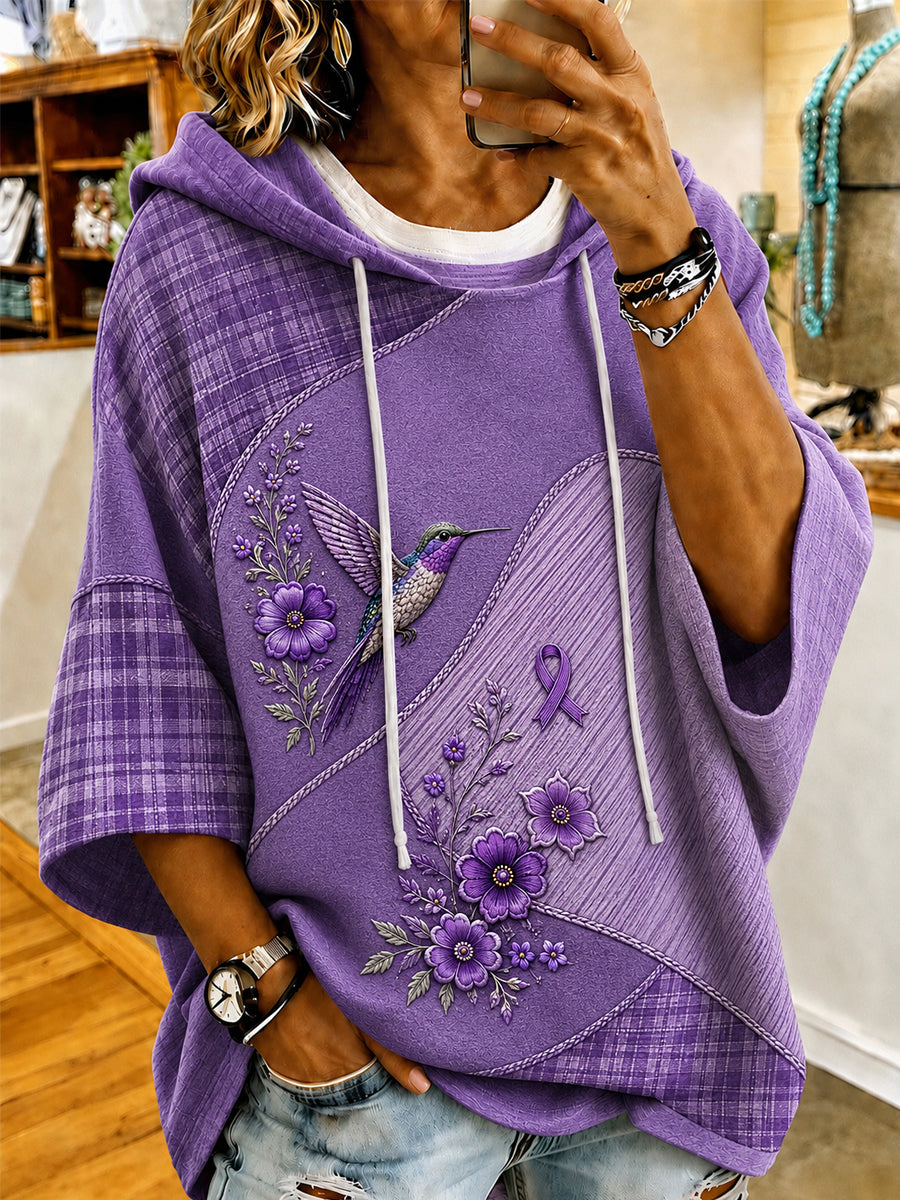 Kvinders lilla blomster & Hummingbird Print Alzheimers bevidsthed Support Short-Sleeve Hoodies