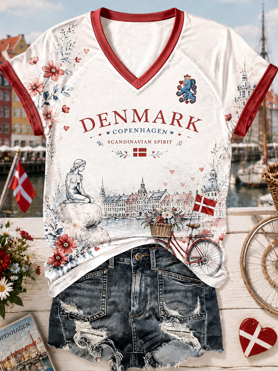 Kvinders patriotiske grafisk print raglanærmet V-udskæring kortærmet top