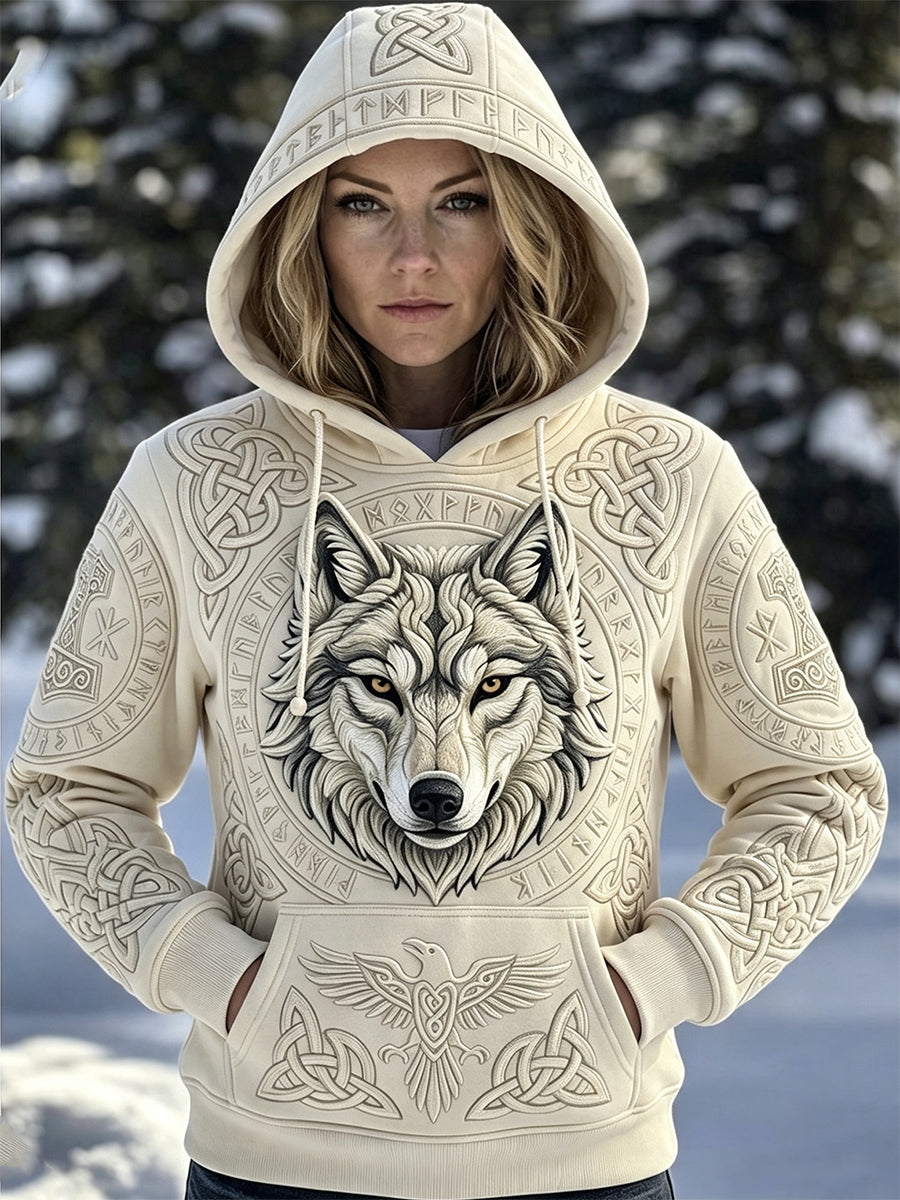Kvinders Viking inspireret keltisk Ulv Print hættefuld Sweatshirt med lommer