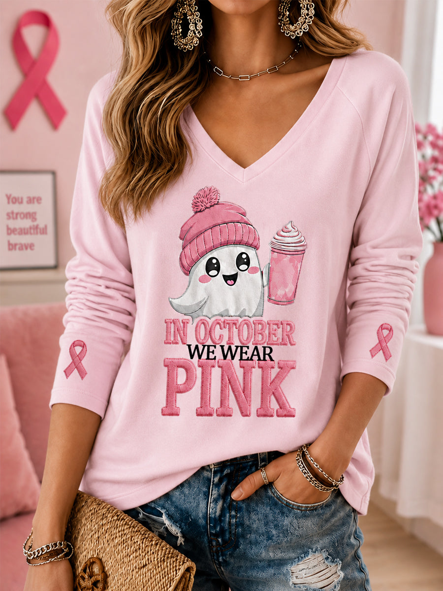 Kvinder I oktober vi bærer Pink Halloween Pink Spøgelse Print Bryst kræft opmærksomhed Support V-hals langærme T Tryke