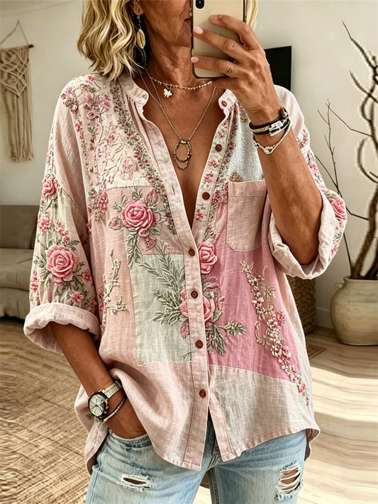 Kvinders Vintage lyserøde roser Cottagecore Patchwork Print Linen Bluse