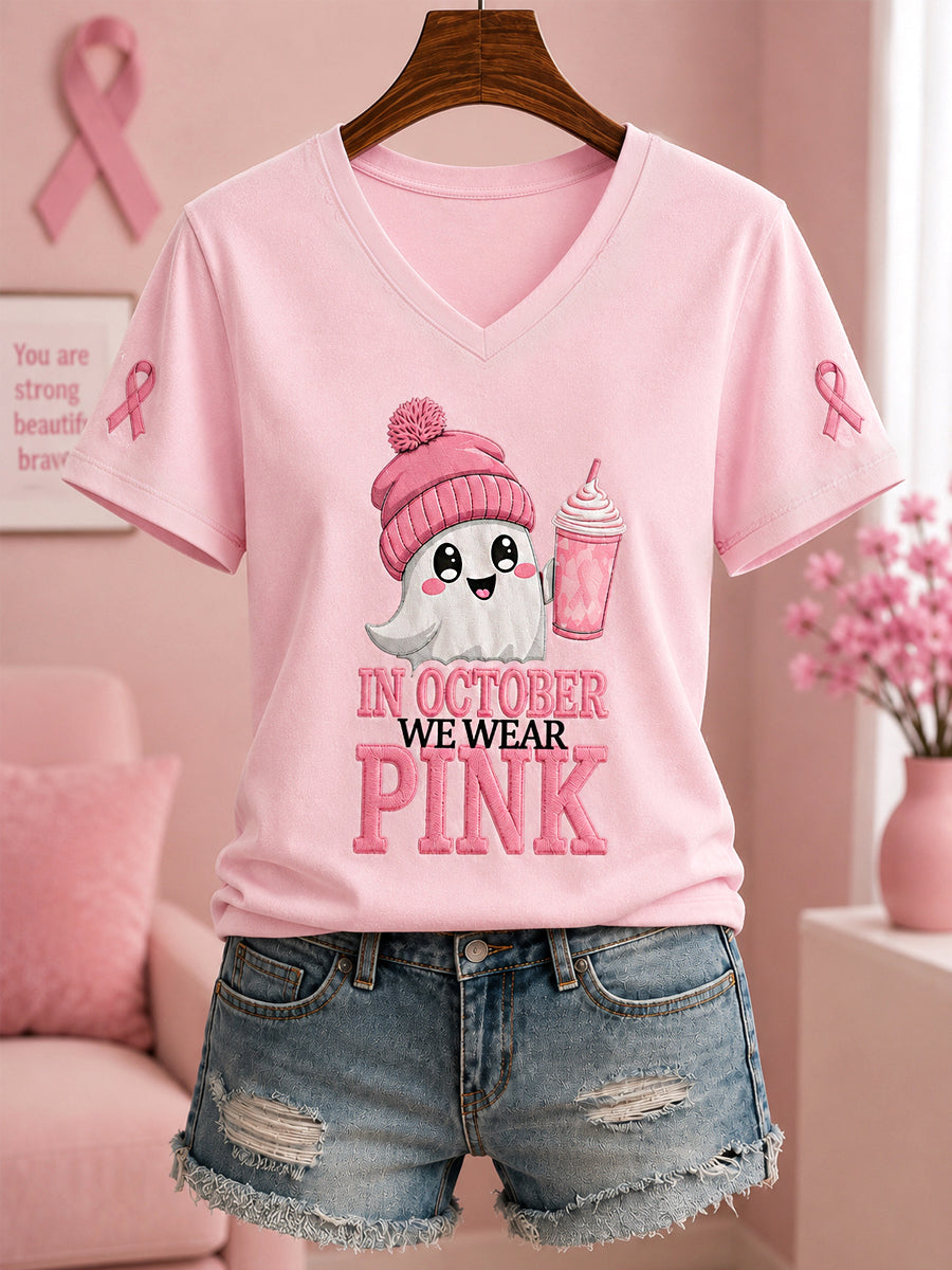 Kvinder I oktober vi bærer Pink Halloween Pink Ghost Print Bryst kræft bevidsthed Support V-Neck Tee
