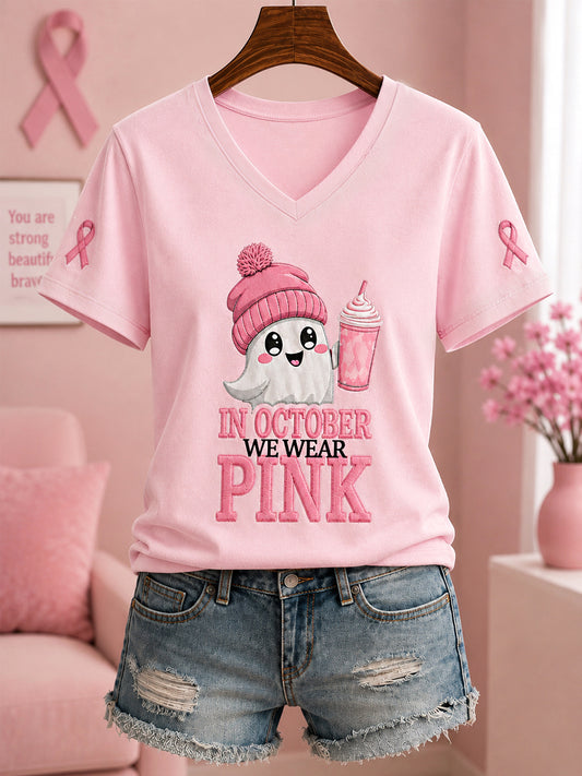 Kvinder I oktober vi bærer Pink Halloween Pink Ghost Print Bryst kræft bevidsthed Support V-Neck Tee