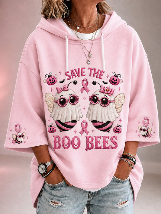 Kvinders redde Boo Bees Halloween Pink Ghost Bies Print Bryst kræft opmærksomhed Support 3/4 ærme Hoodiee