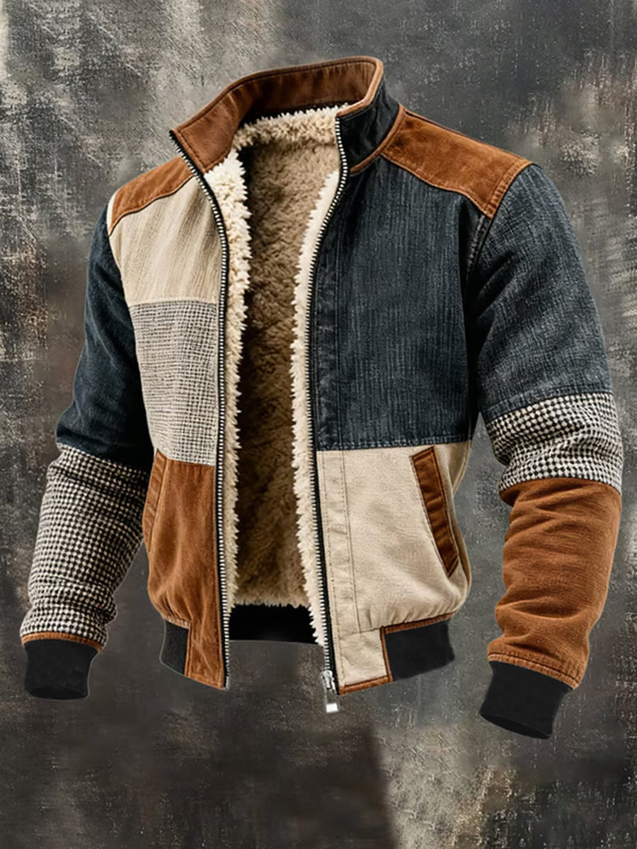 Mænds Retro Patchwork varm lynlås udendørs jakken
