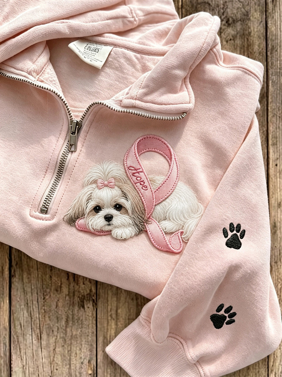 Kvinders håb lyserødt sløjfe Shih Tzu hund og poteaftryk sweatshirt med lynlås