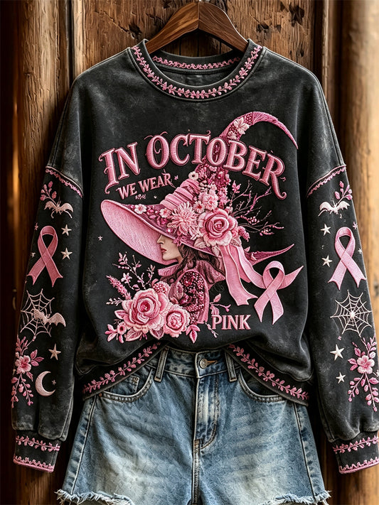 Kvinder i oktober vi bærer Pink Halloween heks blomster Print sweatshirt