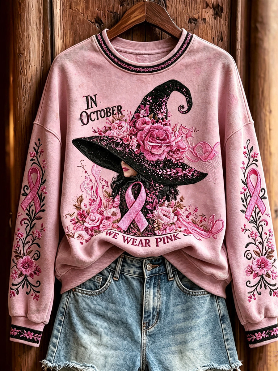 Kvinder i oktober vi bærer Pink Halloween heks blomster Print sweatshirt