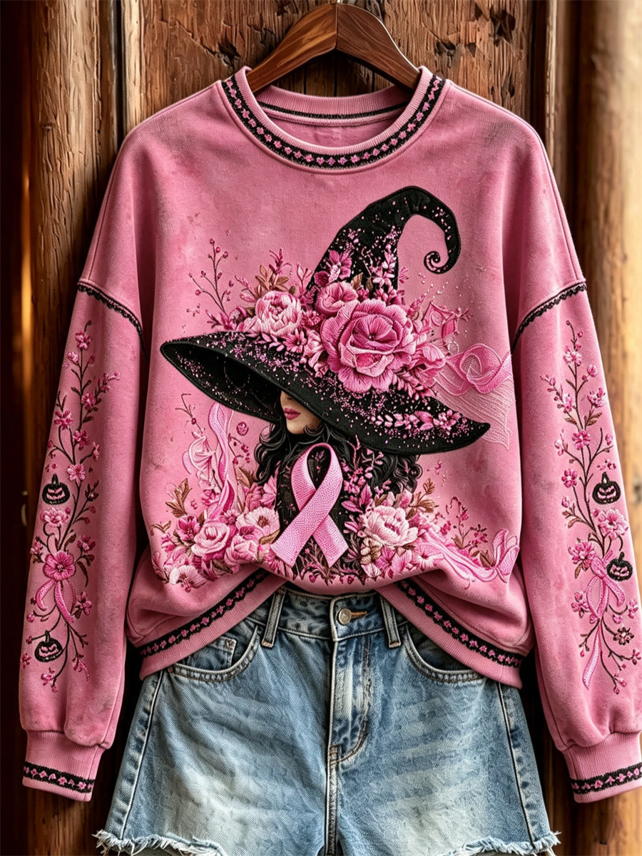 Kvinders Pink Halloween heks & Pink Ribbon Blomster Print Sweatshirt