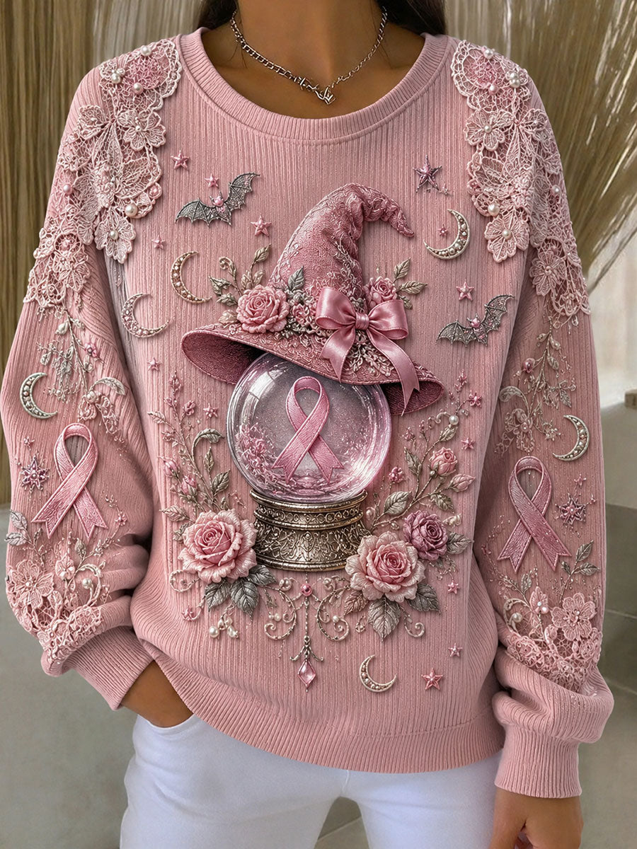 Kvinders brystkræft bevidsthed heks hat Ribbed rund hals sweatshirt
