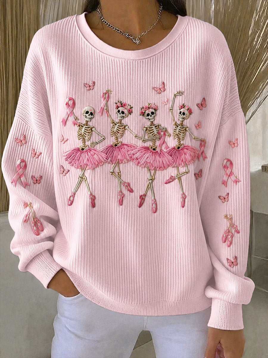 Kvinders Ballet Skelet Bryst kræft bevidsthed Ribbet rund hals sweatshirt