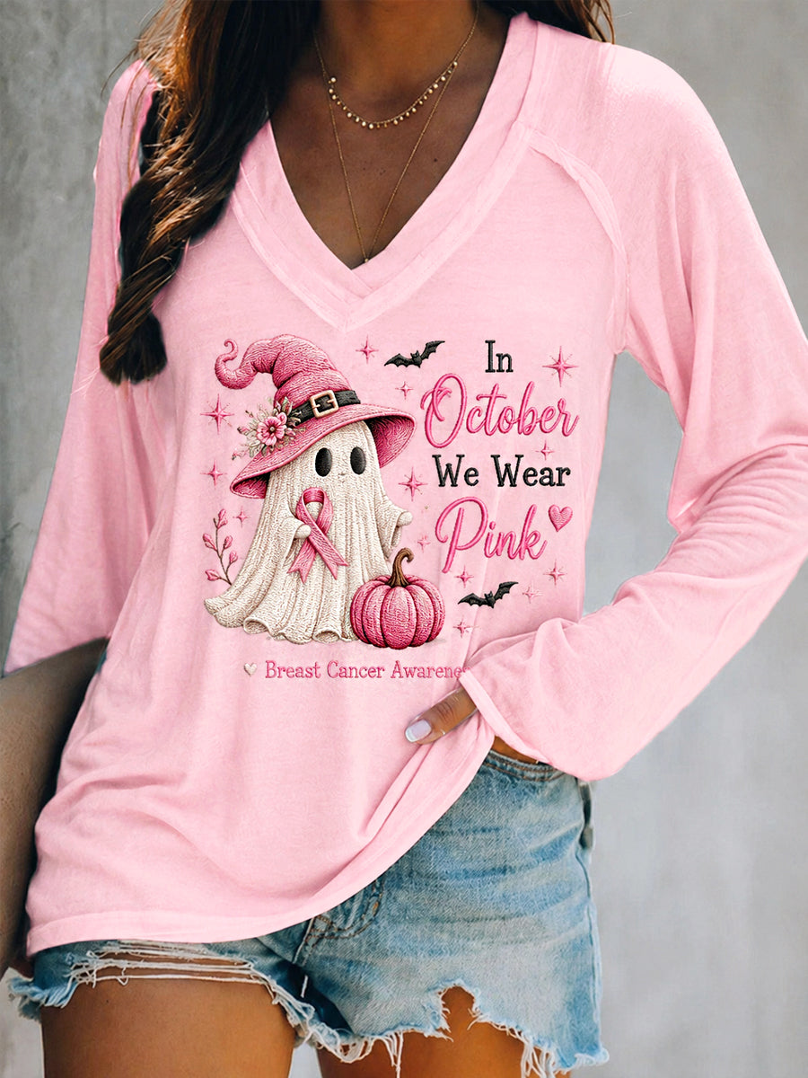 Kvinder I oktober vi bærer Pink Halloween Pink Spøgelse Print Bryst kræft opmærksomhed Support V-hals Lang ærme T- Tryke
