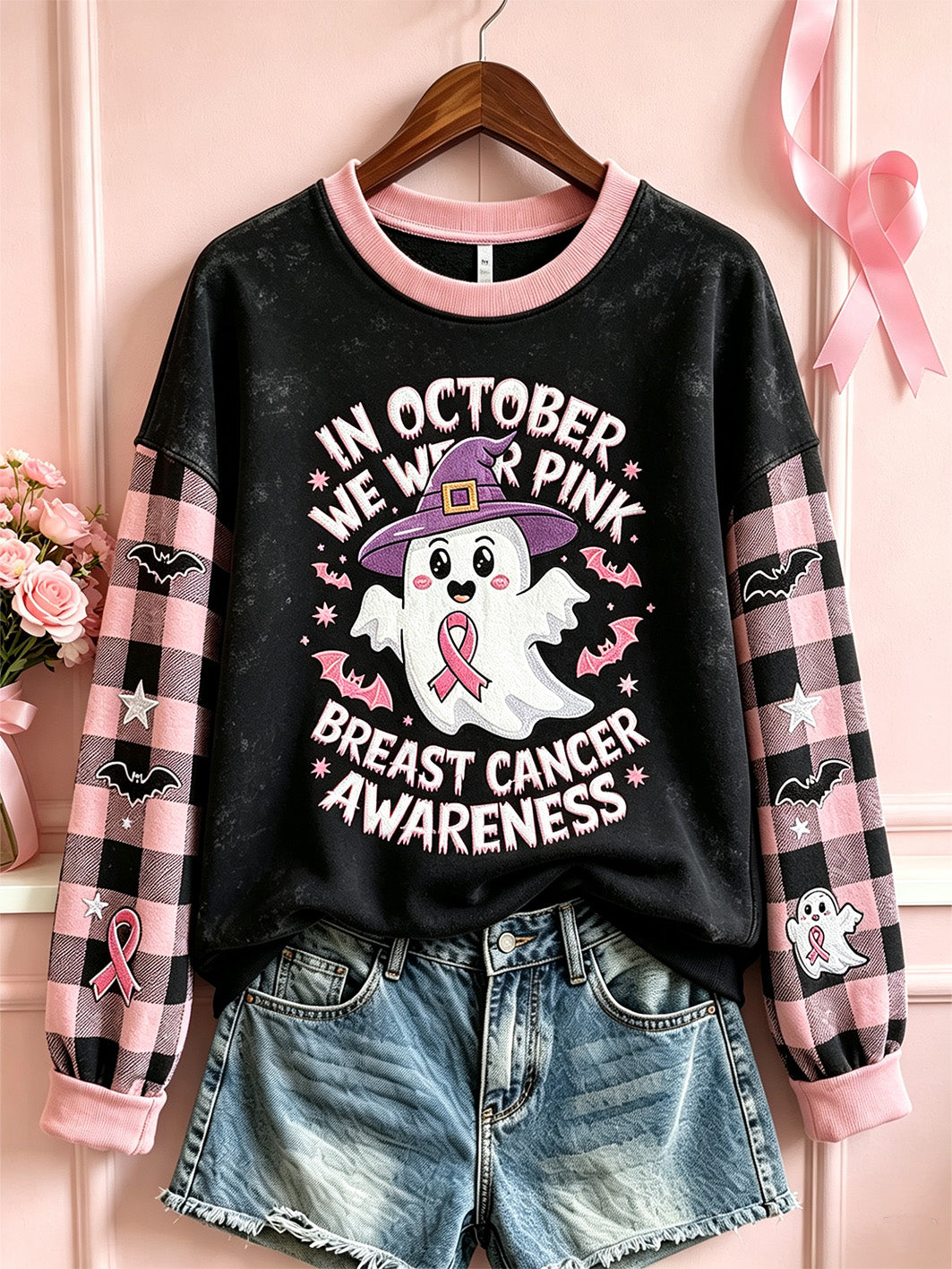 Kvinders brystkræfttema halloween sødt Boo-elementer mønster trykt afslappet sweatshirt