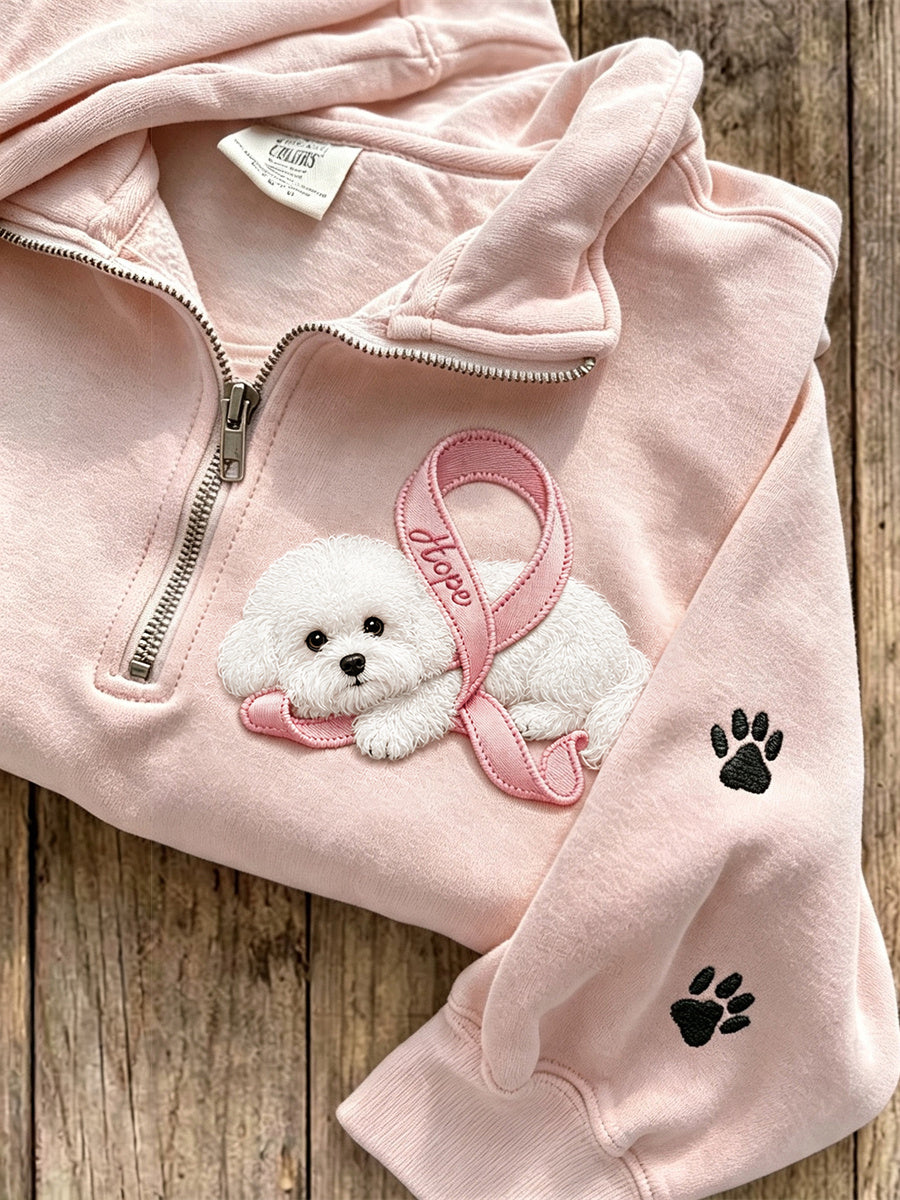 Kvinders håb lyserødt sløjfe bichon hund og poteaftryk sweatshirt med lynlås