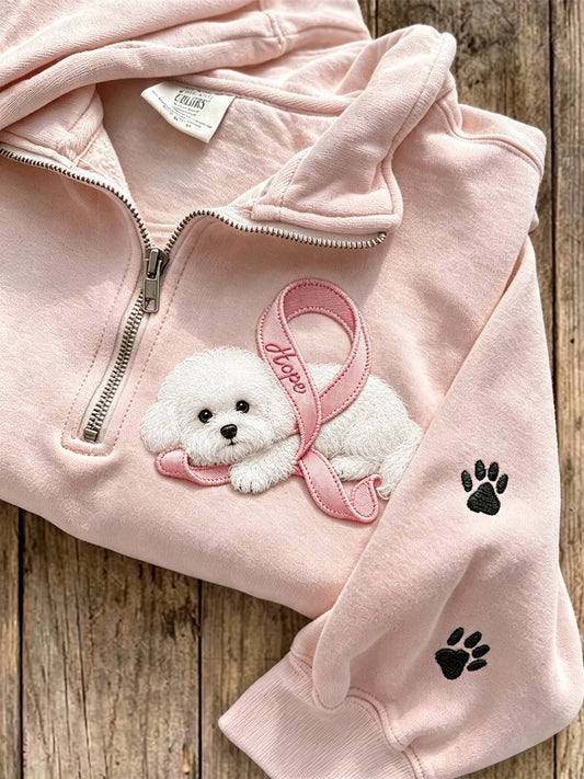 Kvinders håb lyserødt sløjfe bichon hund og poteaftryk sweatshirt med lynlås