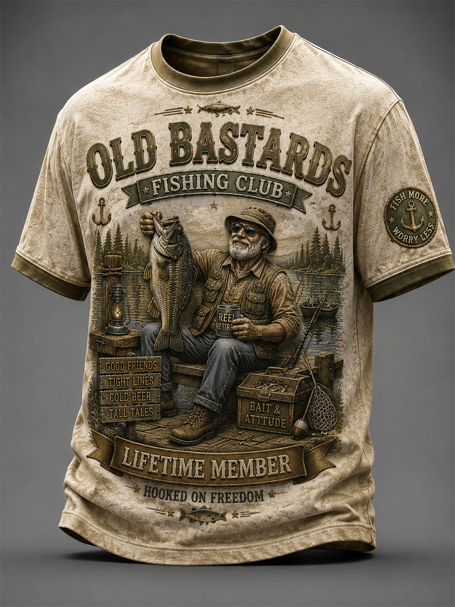 Mænds sjove gamle Bastards Fiskeriklub Livstid Medlem Print Short-ærme T-shirt
