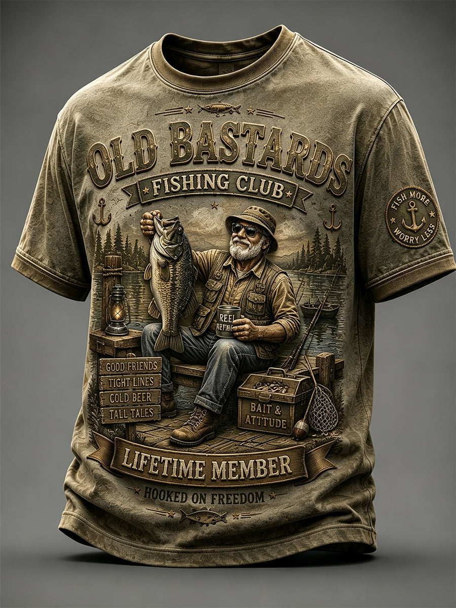 Mænds sjove gamle Bastards Fiskeriklub Livstid Medlem Print Short-ærme T-shirt