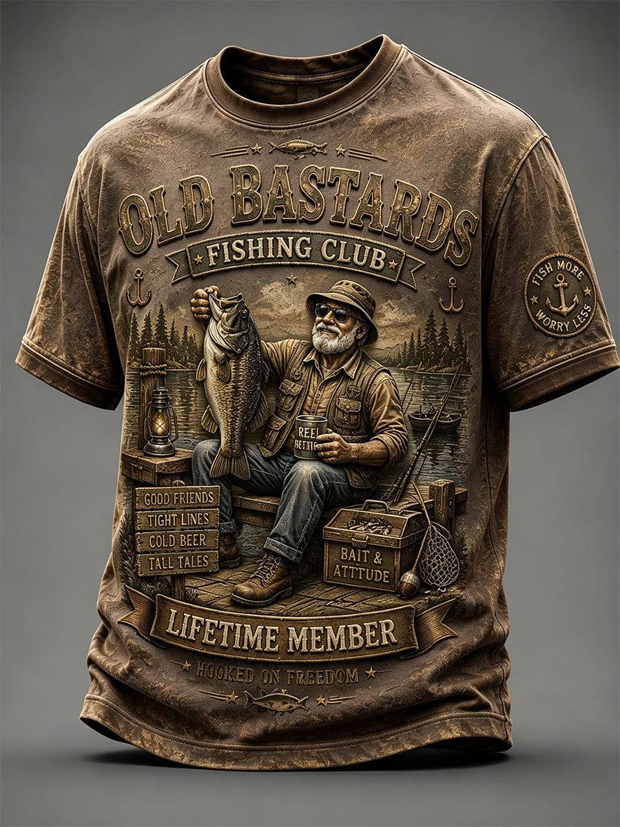 Mænds sjove gamle Bastards Fiskeriklub Livstid Medlem Print Short-ærme T-shirt