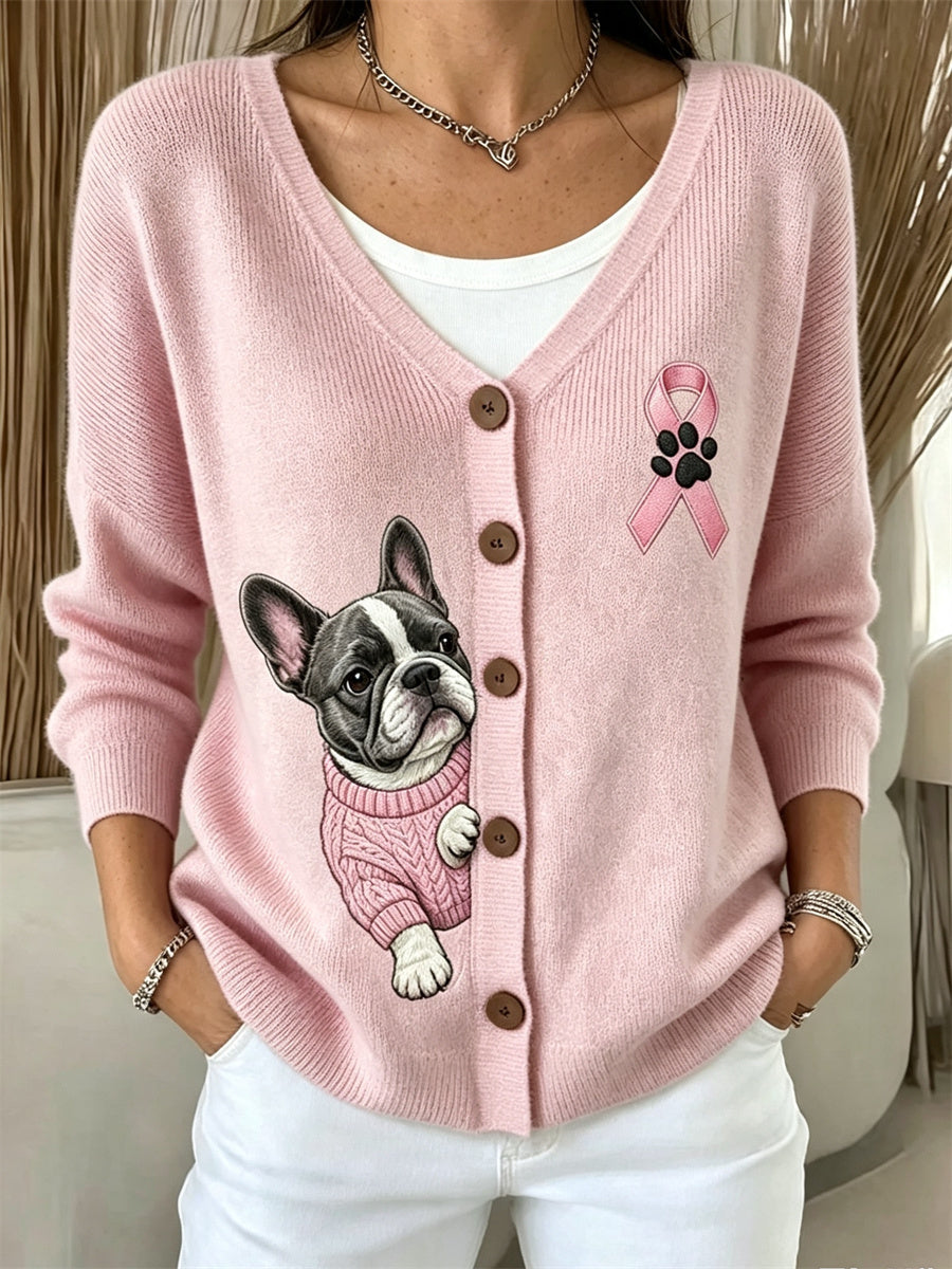 Kvinders kigge franske Bulldog Pink Ribbon Bryst kræft bevidsthed hyggelig Cardigan