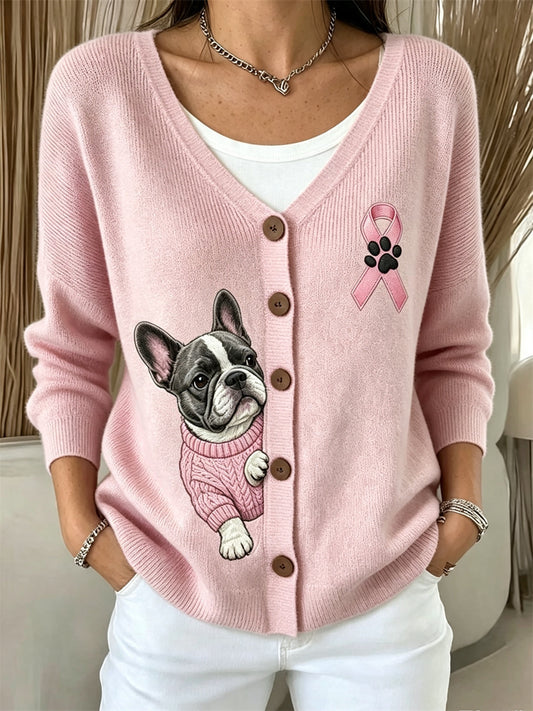 Kvinders kigge franske Bulldog Pink Ribbon Bryst kræft bevidsthed hyggelig Cardigan
