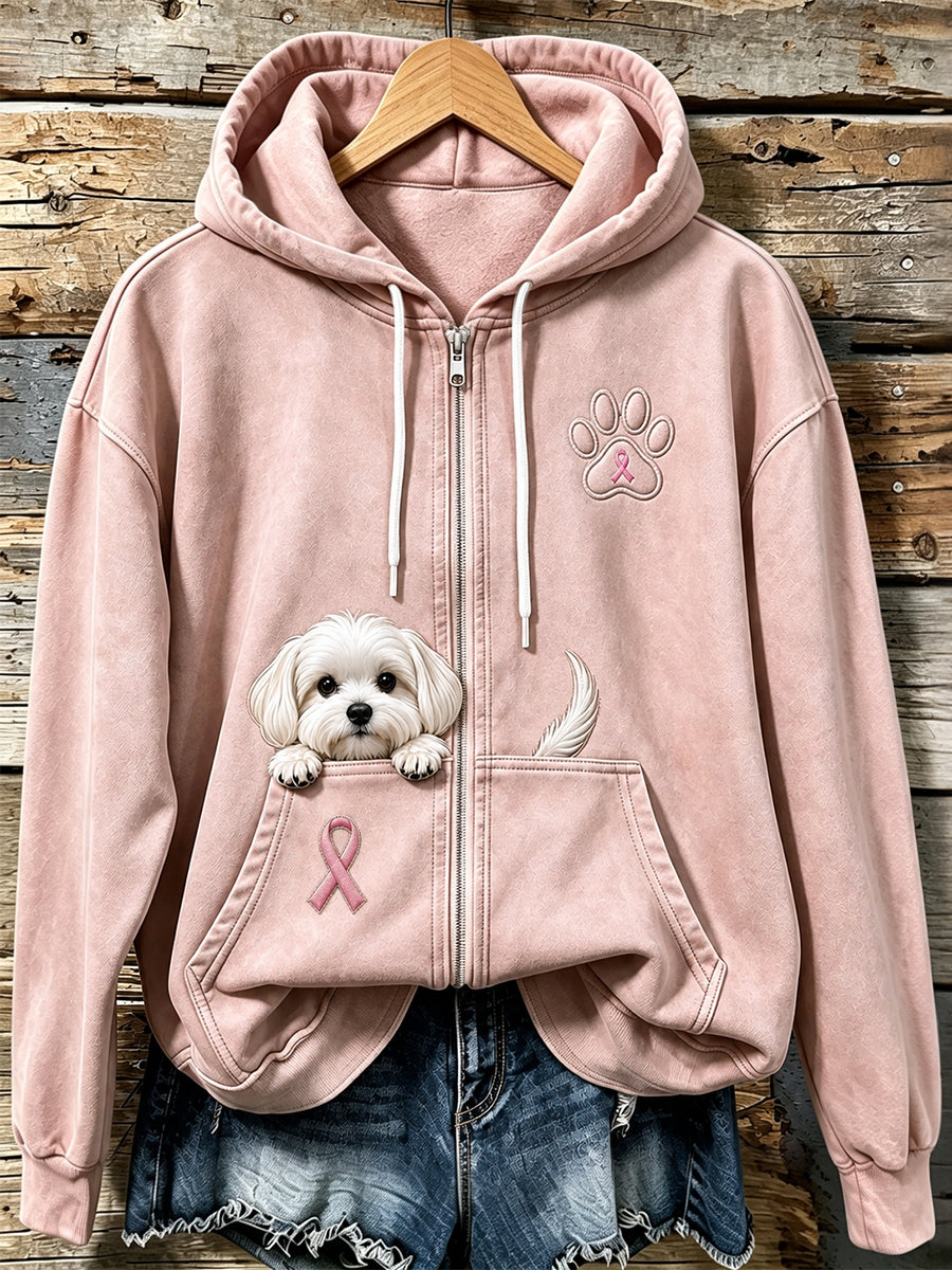 Kvinders kikende maltesiske hund & Pink Ribbon Paw Print Zip-Up Hoodie Print