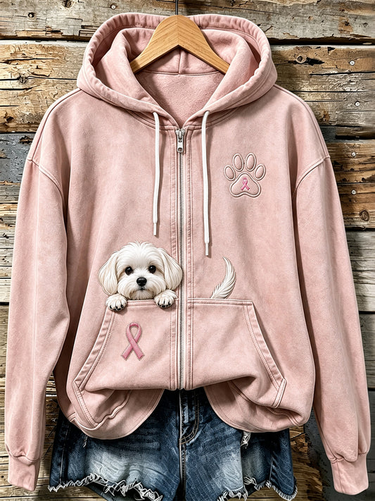Kvinders kikende maltesiske hund & Pink Ribbon Paw Print Zip-Up Hoodie Print