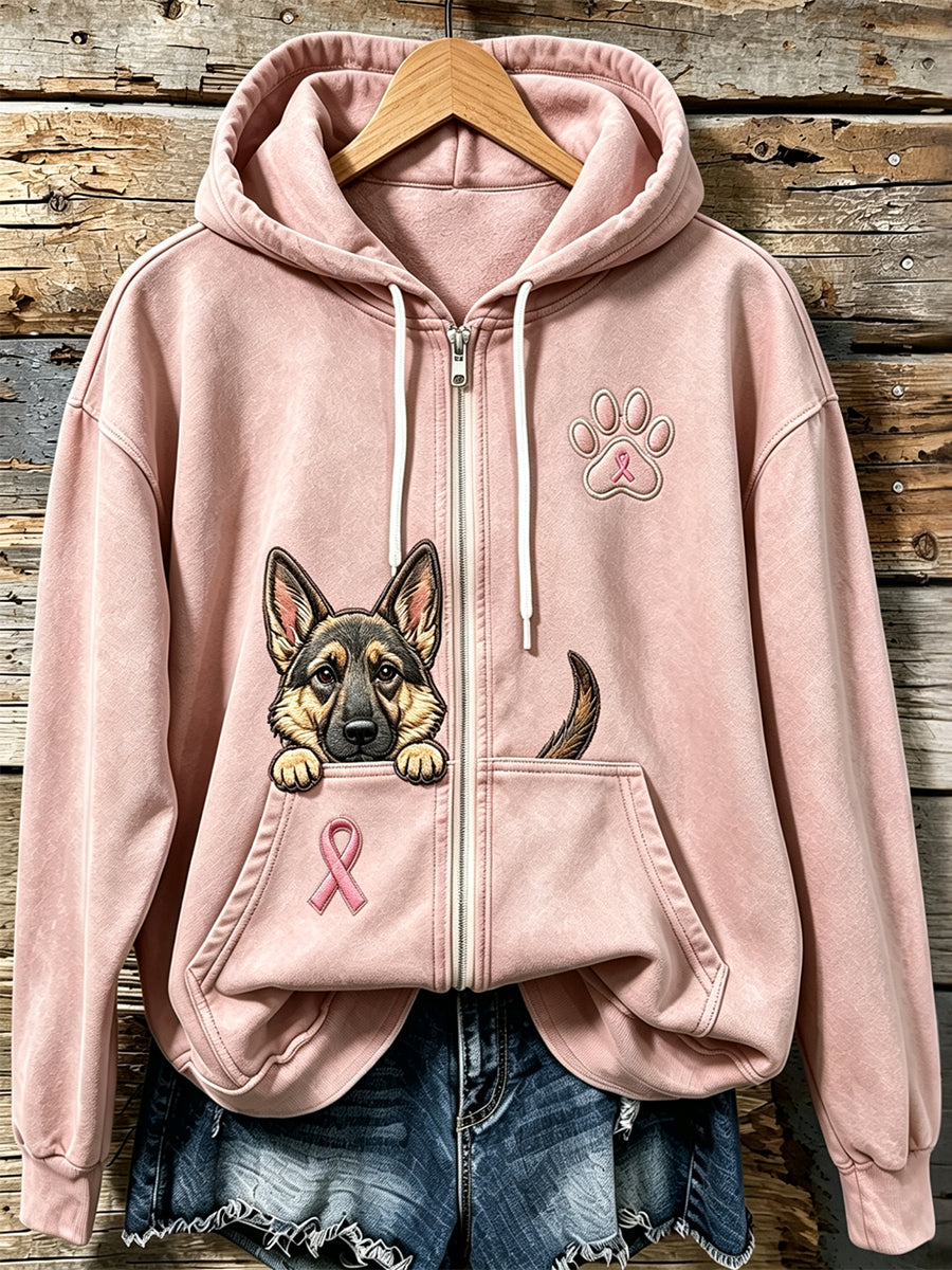 Kvinders kiggende tysk Shepherd & Pink Ribbon Paw Print Zip-Up Hoodie Print