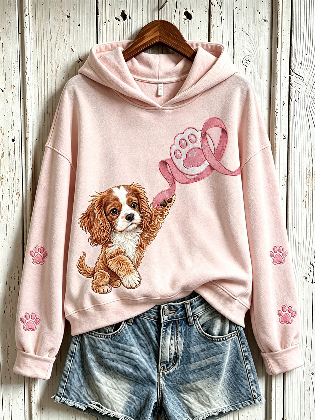 Kvindernes brystkræfttema søde hundeprint afslappet sweatshirt