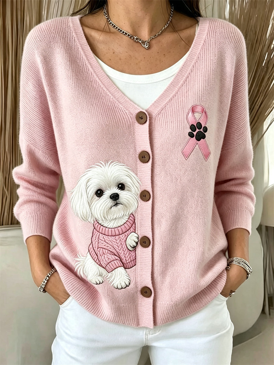 Kvinders kiggende maltesiske hund Pink Ribbon Bryst kræft bevidsthed hyggelig Cardigan