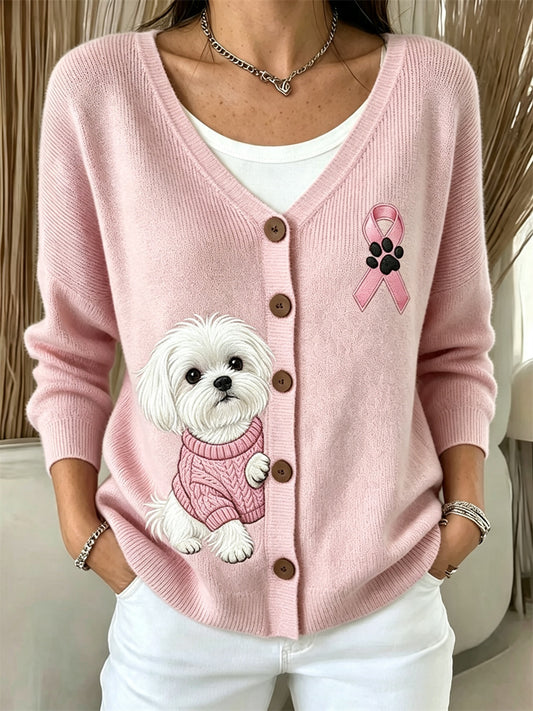 Kvinders kiggende maltesiske hund Pink Ribbon Bryst kræft bevidsthed hyggelig Cardigan