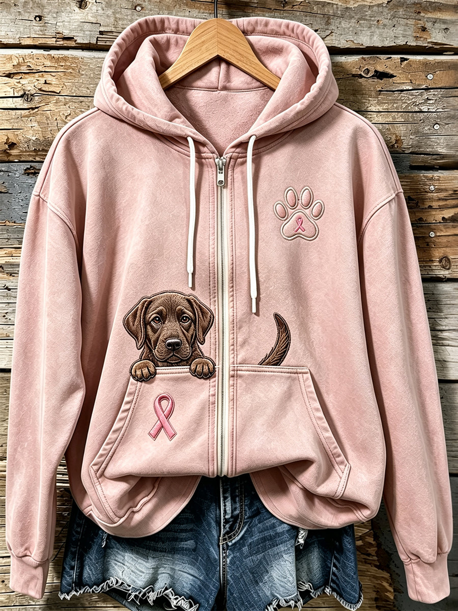 Kvinders kiggende chokolade Labrador Retriever & Pink Ribbon Paw Print Zip-Up Hoodie Print