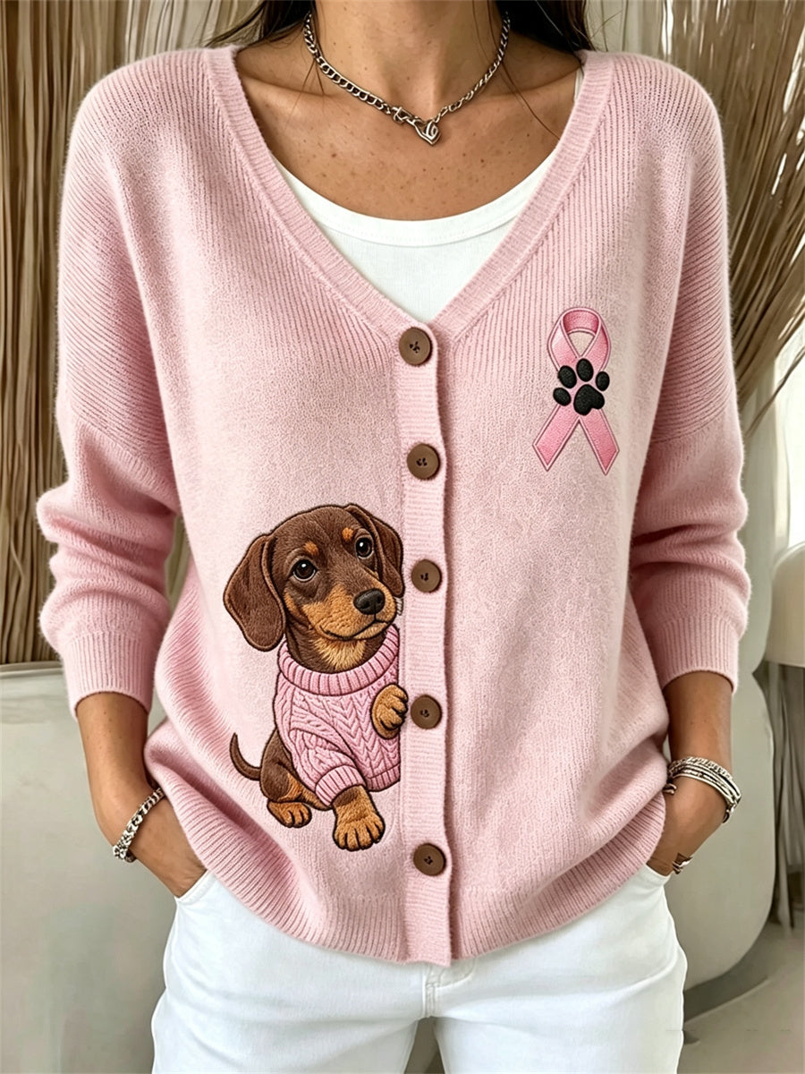 Kvinders kiggende Dachhund hund Pink Ribbon Bryst kræft bevidsthed hyggelig Cardigan