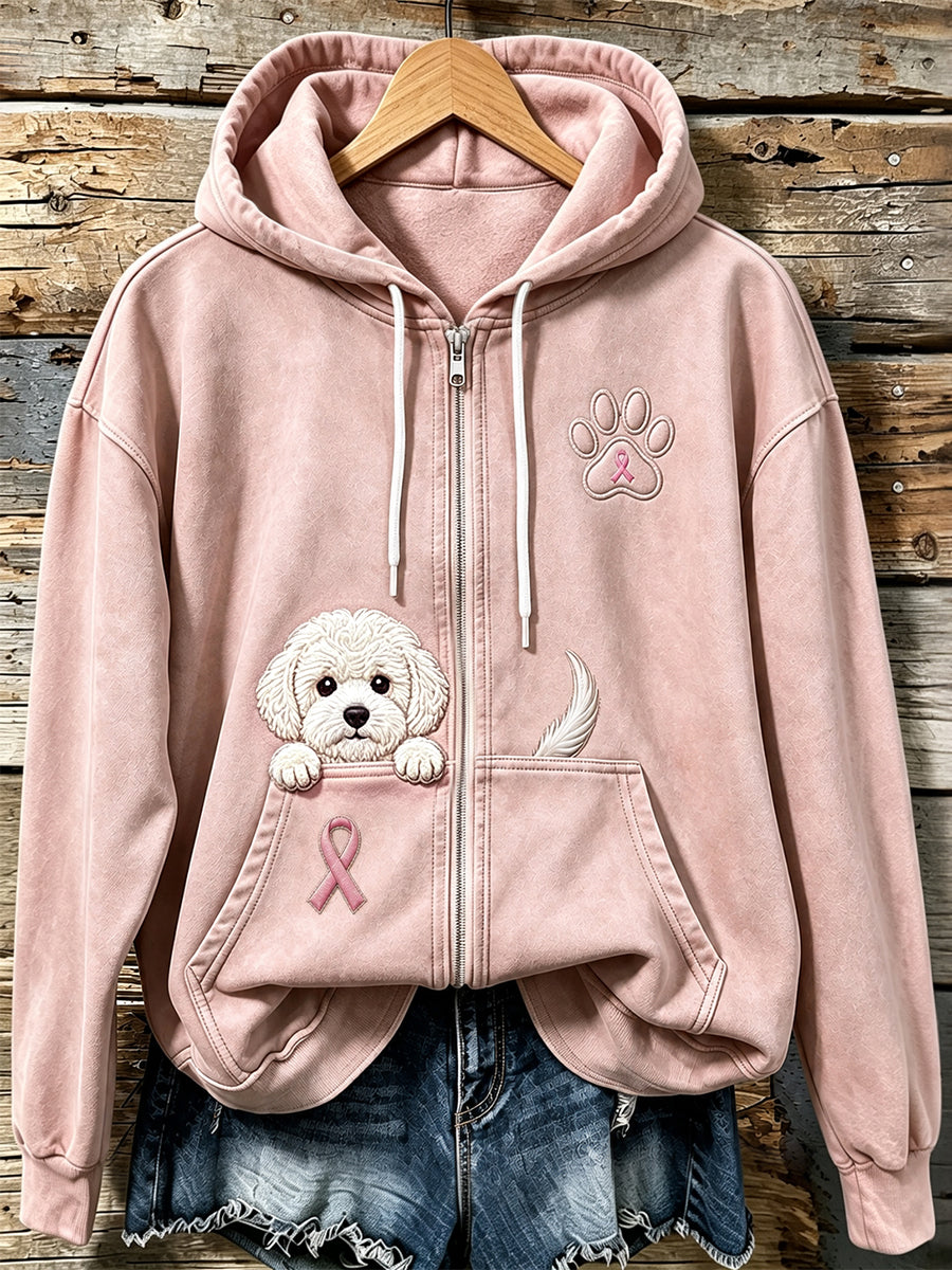 Kvinders kikende Bichon Frise & Pink Ribbon Paw Print Zip-Up Hoodie Print