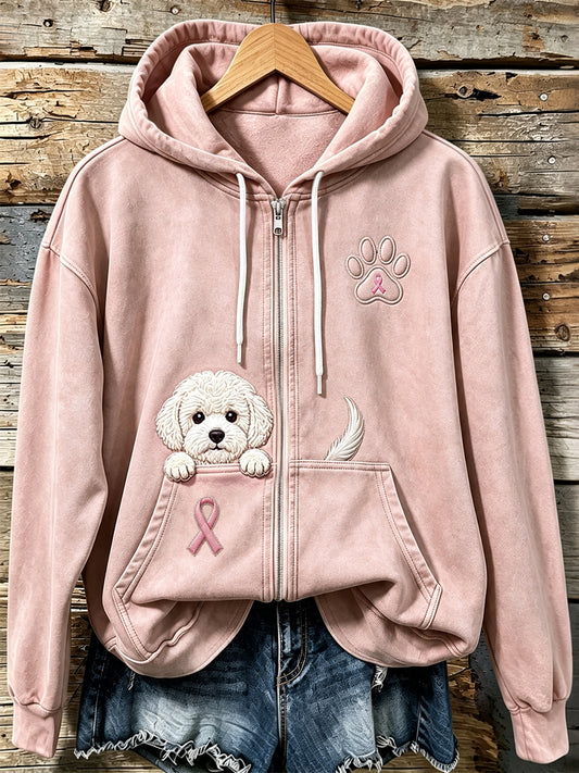 Kvinders kikende Bichon Frise & Pink Ribbon Paw Print Zip-Up Hoodie Print