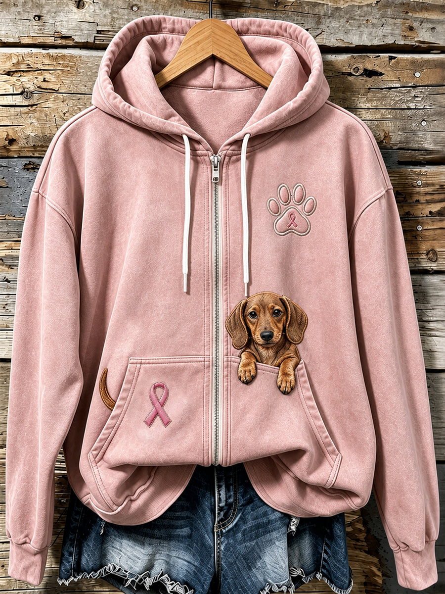 Kvinders kikende hund hund & lyserød Ribbon Paw Print Zip-Up Hoodie Print