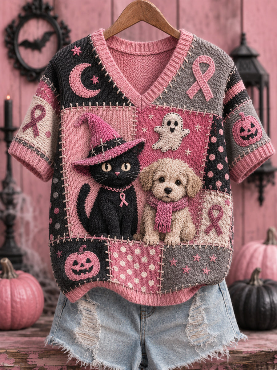 Kvinders Halloween Pink Dog og kat Pink Ribbon Print Bryst kræft opmærksomhed Support V-hals Topp