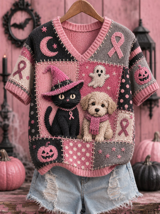 Kvinders Halloween Pink Dog og kat Pink Ribbon Print Bryst kræft opmærksomhed Support V-hals Topp