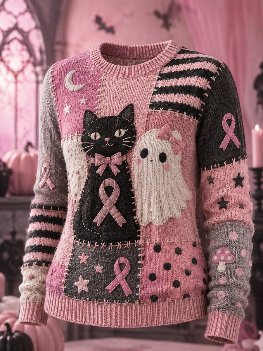 Kvinders halloween-pink trøje med print af spøgelse og kat samt pink bånd til støtte for kræftbevidsthed hos kvinder