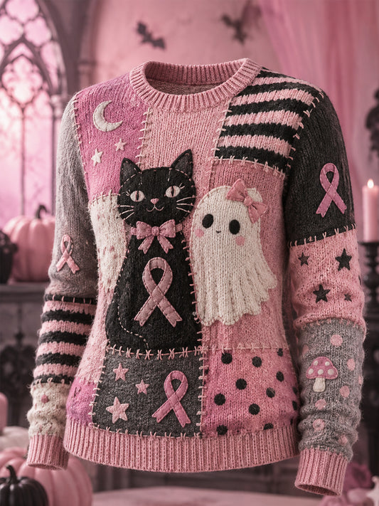 Kvinders halloween-pink trøje med print af spøgelse og kat samt pink bånd til støtte for kræftbevidsthed hos kvinder