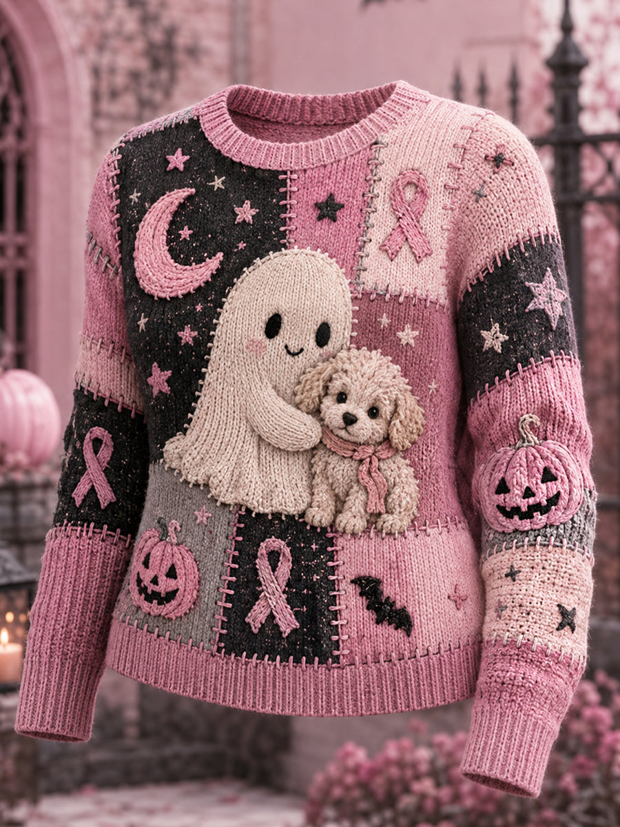 Kvinders Halloween Pink Spøgelse og hund Pink Ribbon Print Bryst kræft opmærksomhed Support Sweater.