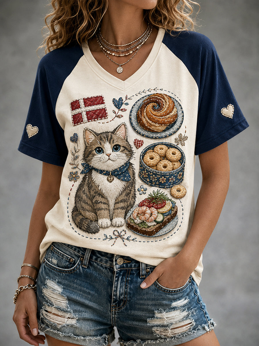 Kvinders kortærme Raglan T-shirt med mad og dyr print