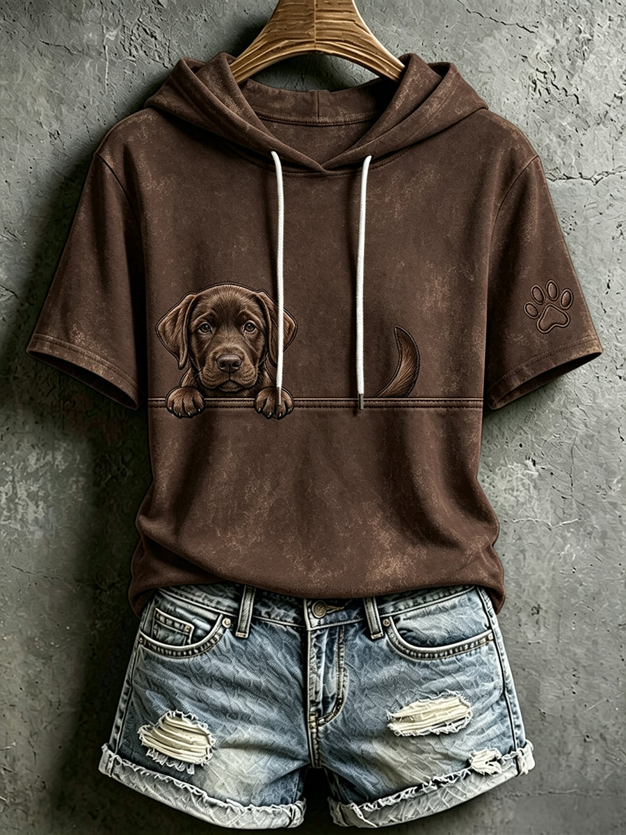 Damen Peeking Schokolade Labrador Retriever & Paw Print Kurzarm Hoodie