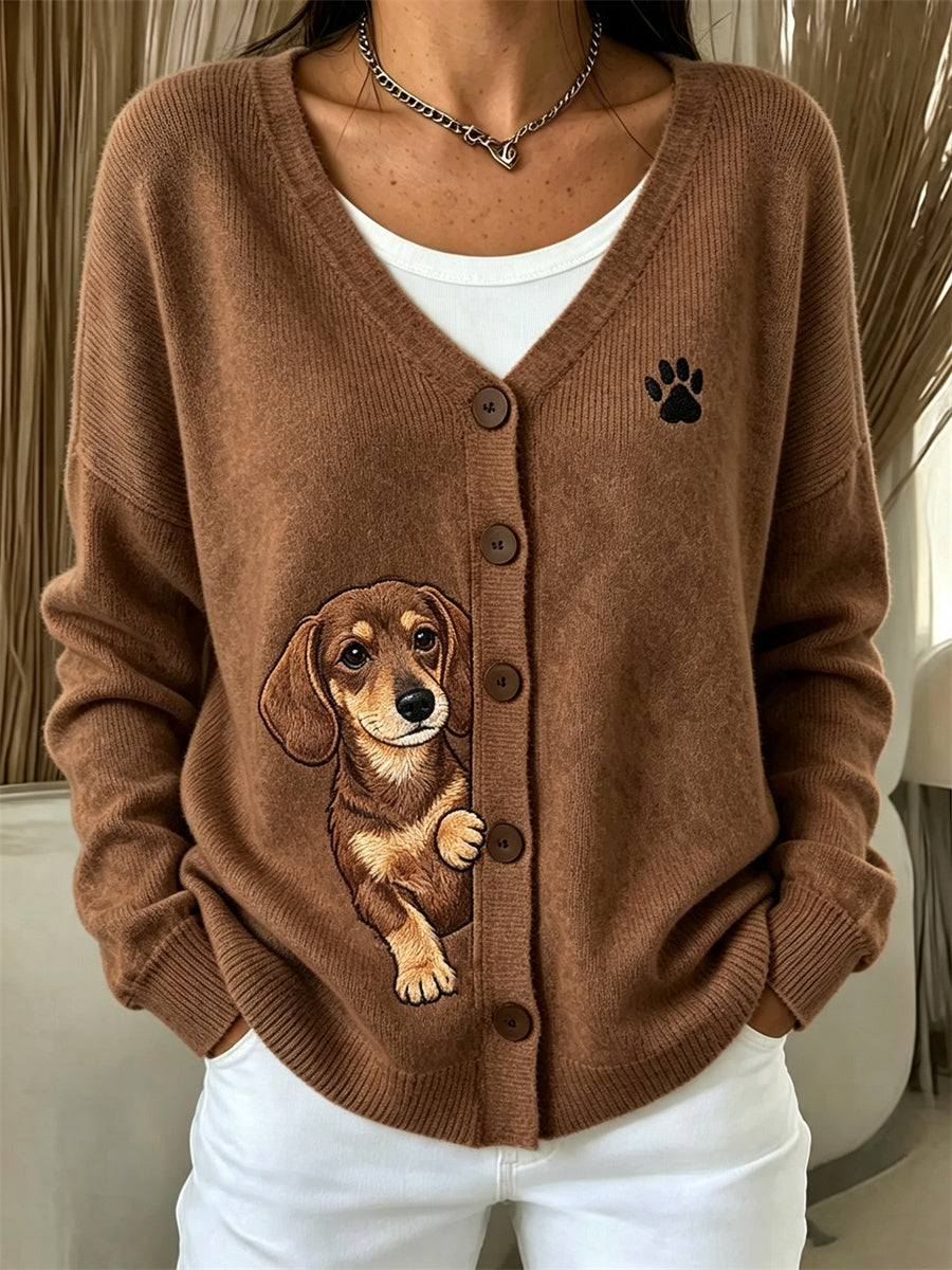Damen Peeking Dackel Hund & Pfote Print Gemütliche Strickjacke
