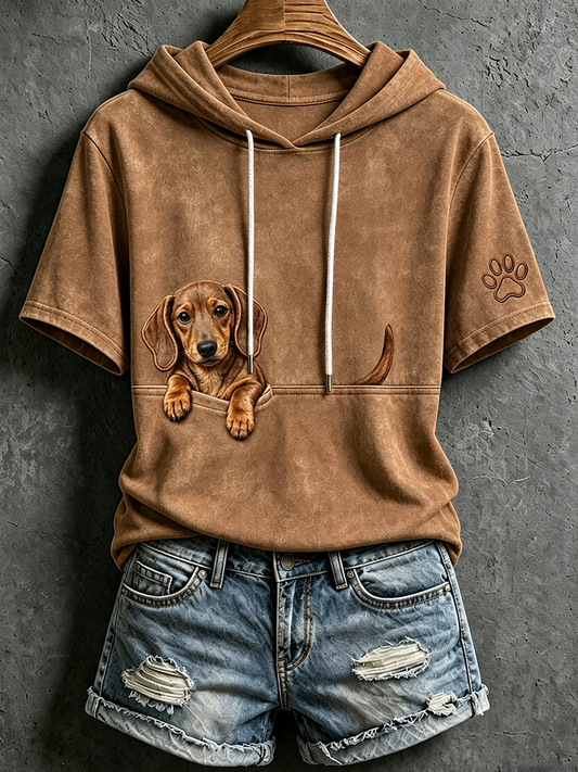 Damen Niedlich Peeking Dackel & Pfoten Print Kurzarm Hoodie